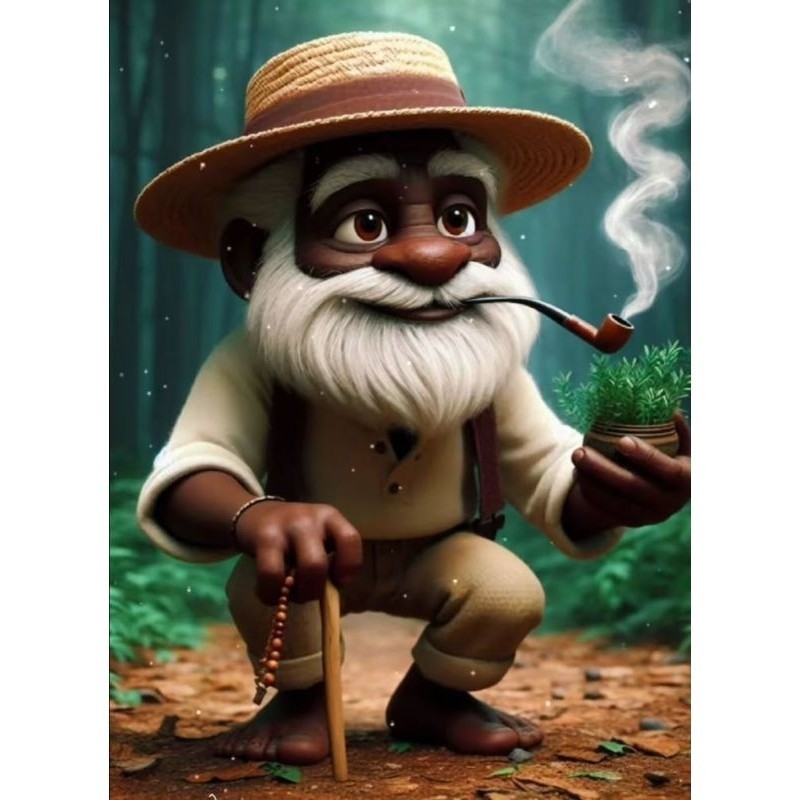 QUADRO DECORATIVO PLACA MDF-PRETO VELHO DESENHO DO VOVÔ FUMANDO  COM SUA PLANTA