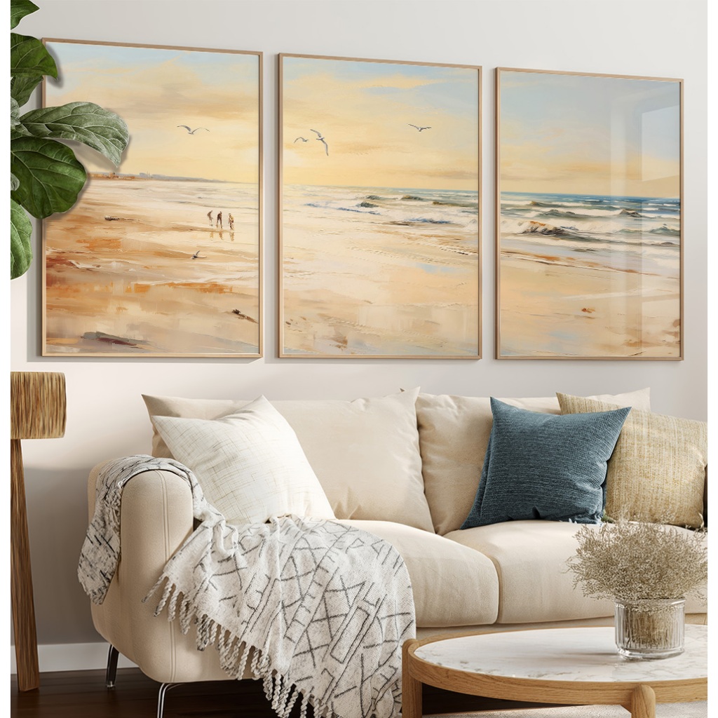 Quadros Decorativos Com Moldura Filete Sala Quarto Trio Arte Natureza Pintura Entardecer no Litoral