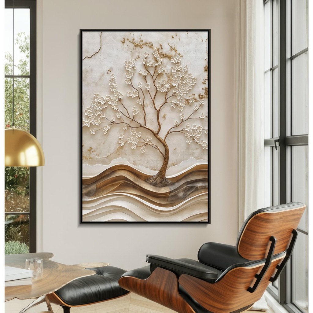 Quadro Decorativo Com Moldura Filete Sala Quarto Árvore Esculpida Folhas Brancas Tronco De Cobre
