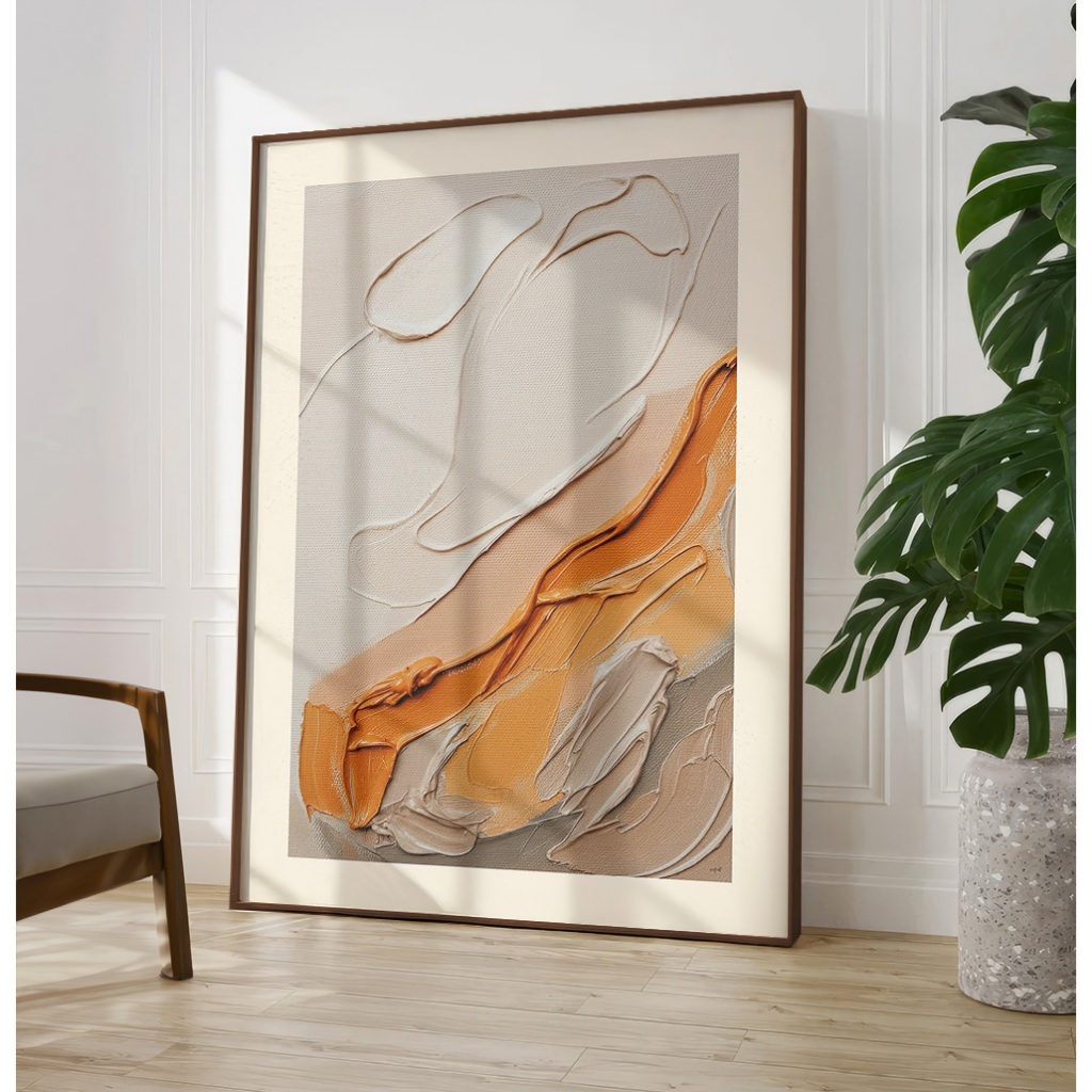 Quadro Decorativo Com Moldura Filete Sala Quarto Pintura Abstrata Camadas De Tinta Laranja Com Cinza