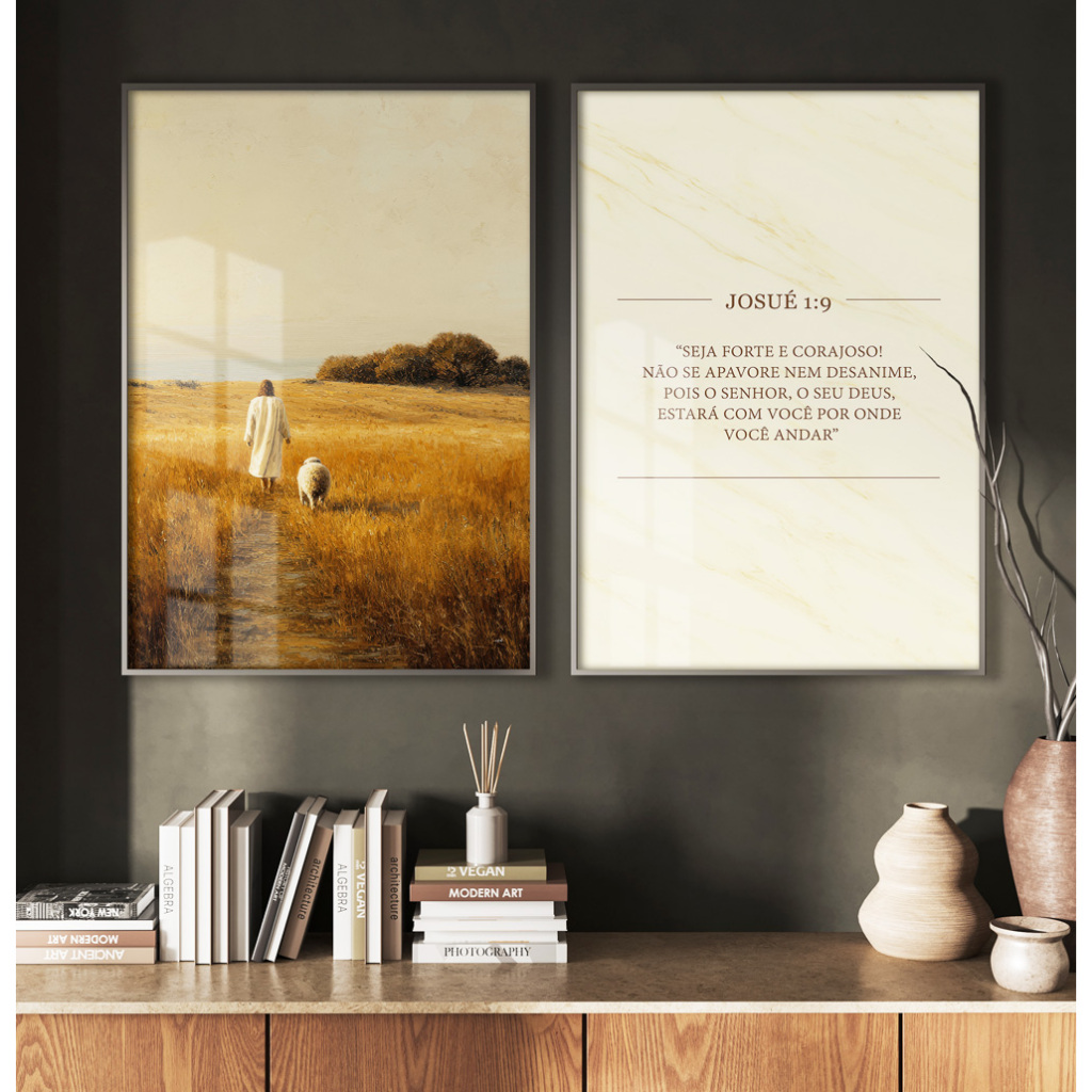 Quadros Decorativos Com Moldura Filete Sala Quarto Religioso Duo Pastor E Ovelha Versículo De Josué