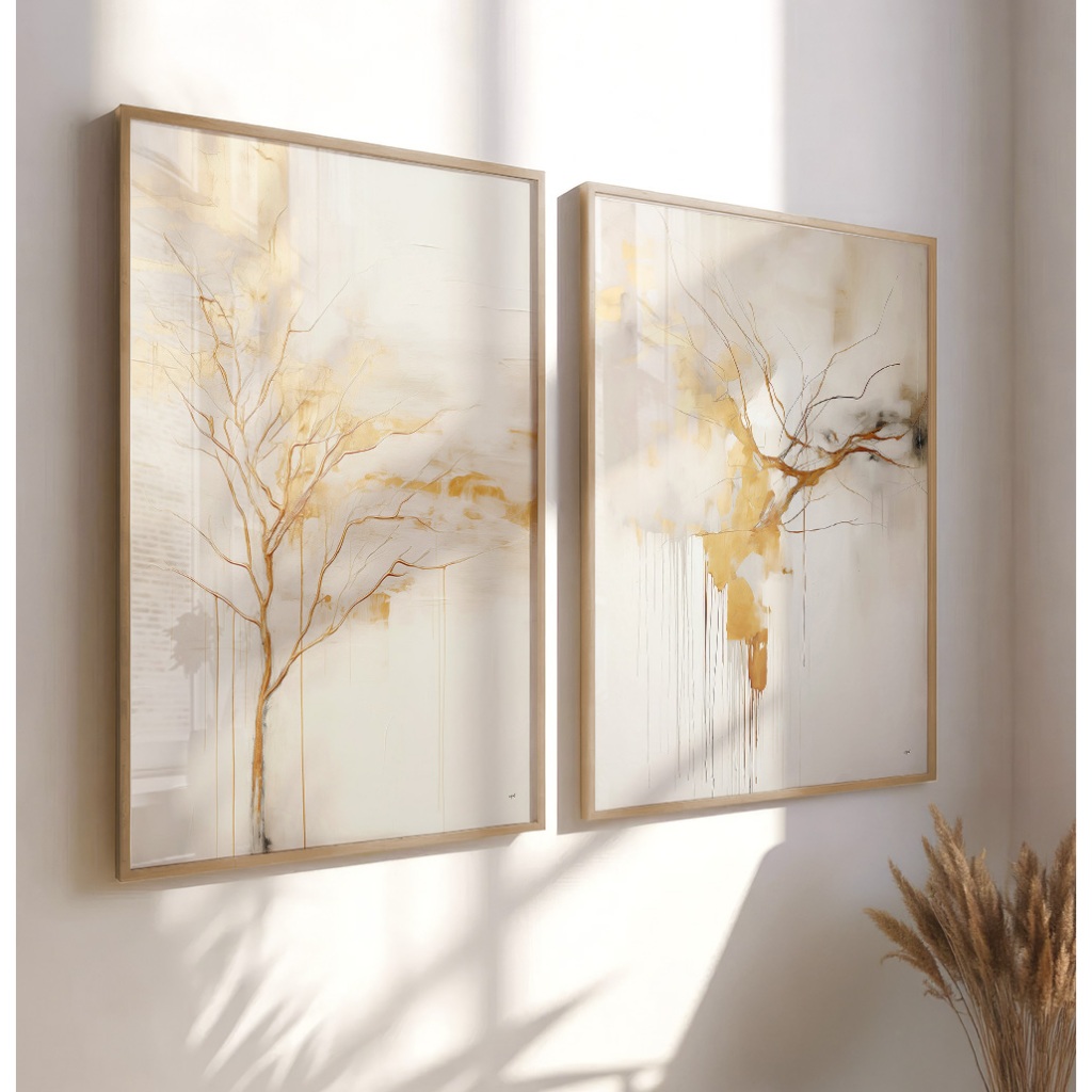 Quadros Decorativos Com Moldura Filete Sala Quarto Escritório Duo Árvore Abstrata Galhos Dourados