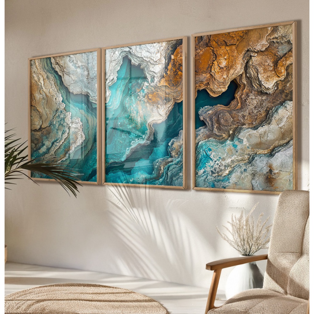 Quadro Natureza Abstrato Grande Quadro Decorativo Sala Com Moldura E Vidro Camadas De Rochas Trio