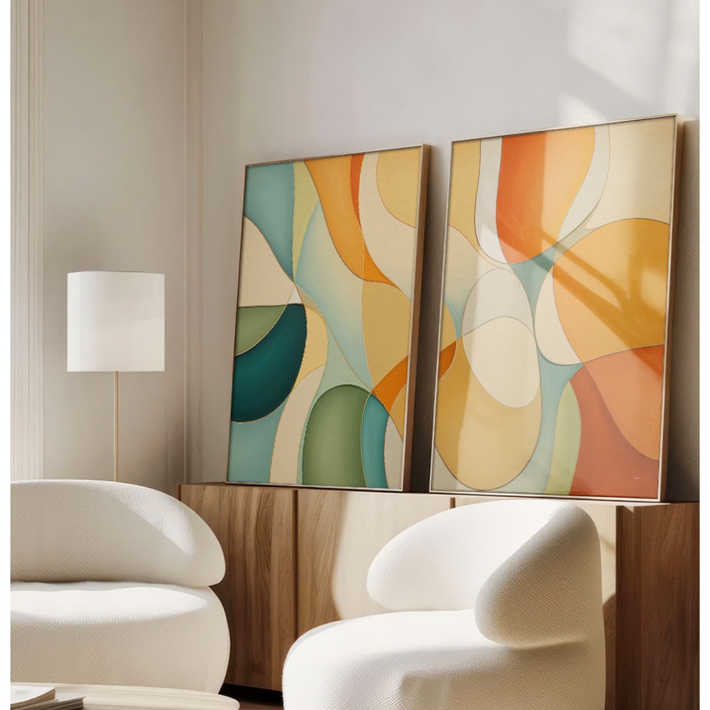 Quadro Moderno Abstrato Kit 2 Quadros Decorativos Sala Com Moldura Curvas Linhas Tons Azul E Terra