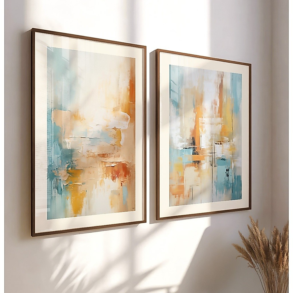 Quadros Decorativos Abstrato Sala Quarto Escritório Duo Com Moldura Filete Pintura Arte Blue Essence
