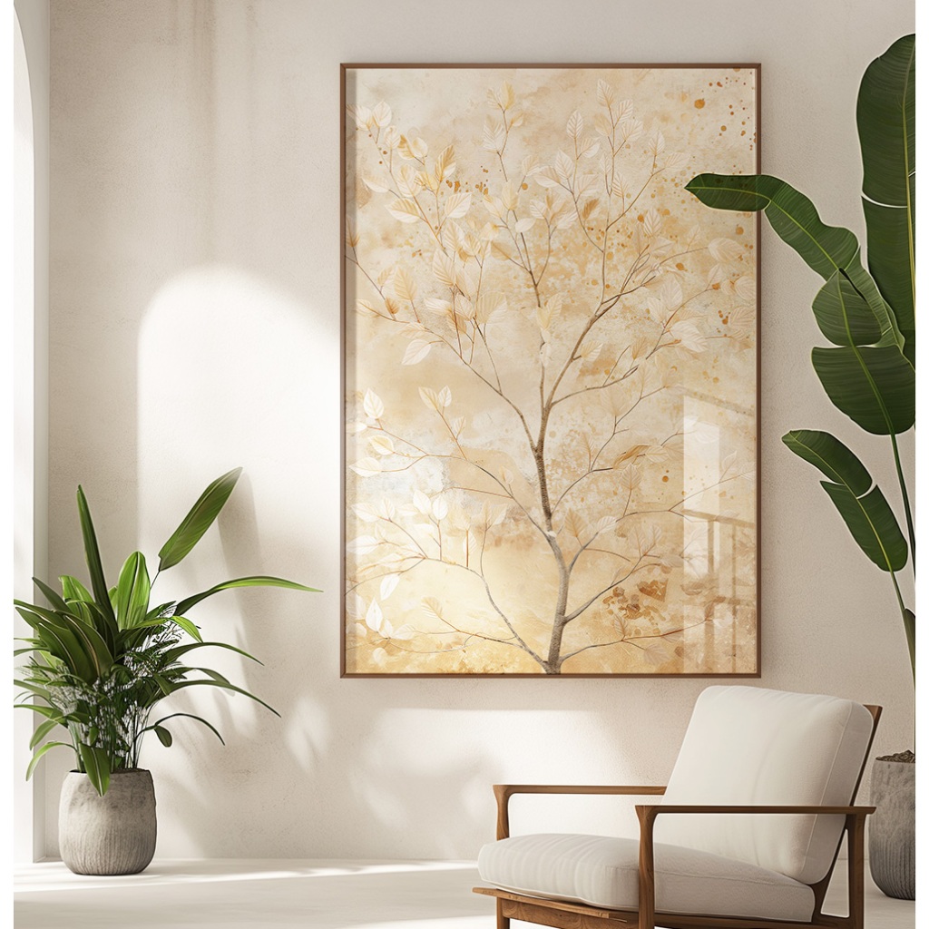 Quadro Árvore Da Vida Grande Com Moldura Quadro de Sala Decorativo Quadro Dourado Outono Romântico
