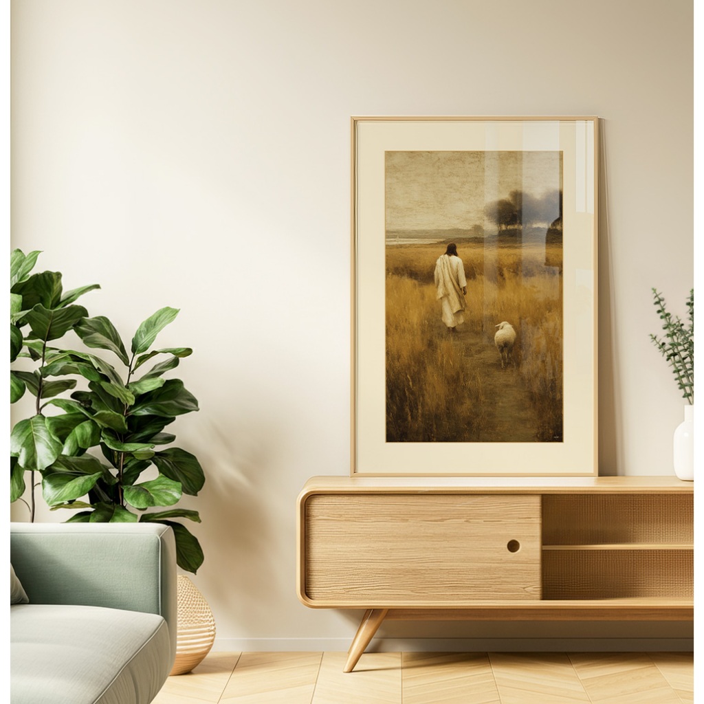 Quadro Decorativo Com Moldura Filete Sala Quarto Religioso Arte A Ovelha Segue O Seu Pastor No Campo