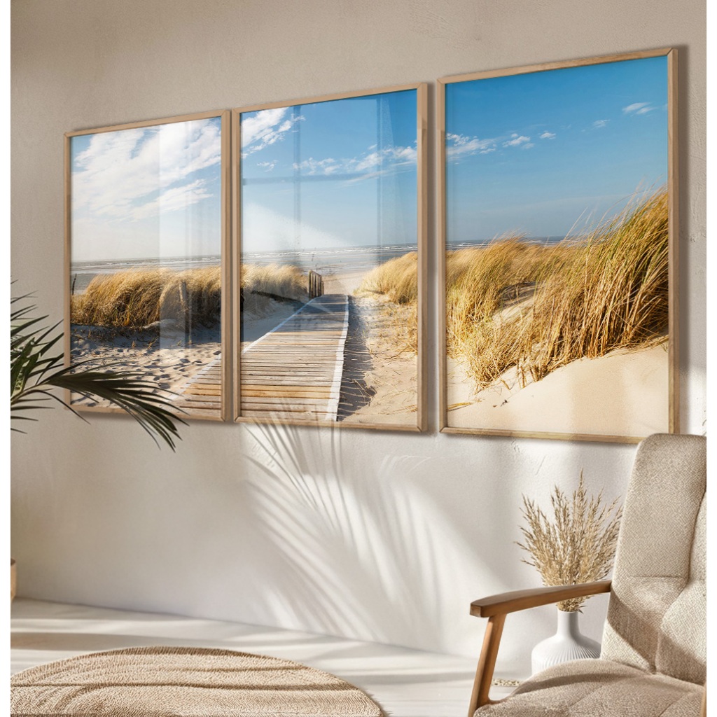 Quadro Paisagem Praia Kit 3 Quadros Decorativos Sala Com Moldura E Vidro Quadro Mar No Horizonte