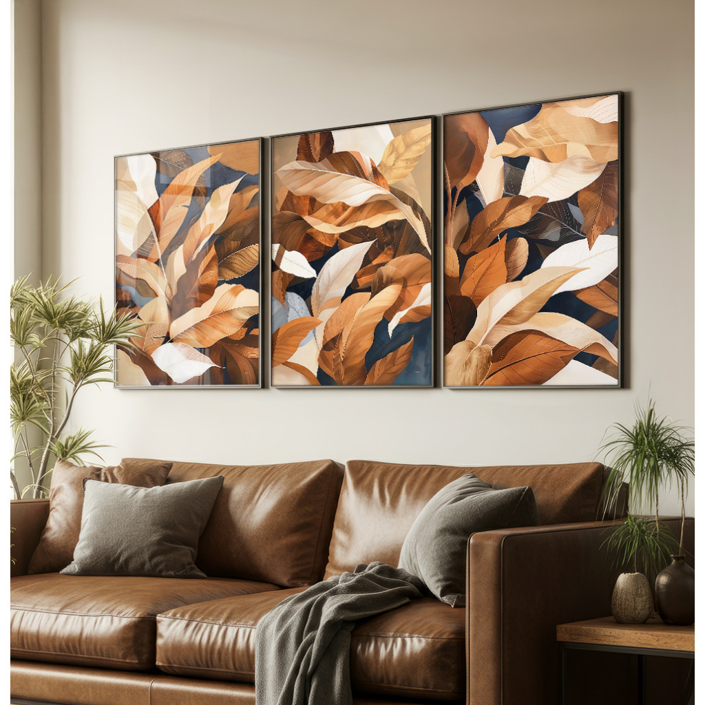 Quadro Folhagem Com Moldura E Vidro Trio De Quadros Decorativos Sala Plantas Tropicais Terrosas