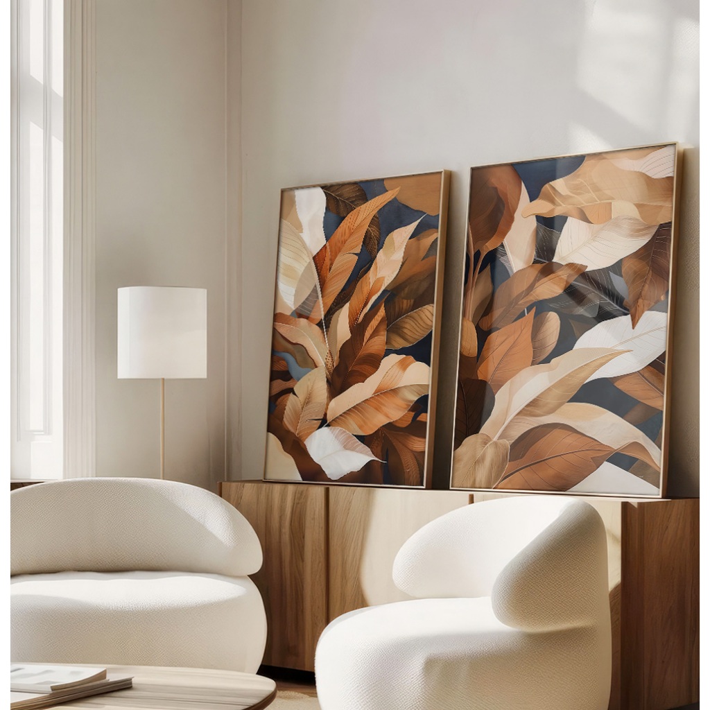 Quadros Floral Decorativos Sala Quarto Com Moldura Filete Duo Tropical Folhagens Em Tons Terrosos