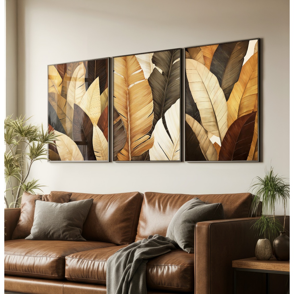 Quadro Folhagem Com Moldura Trio De Quadros Decorativos Para Sala Quadro Natureza Em Marrom E Bege