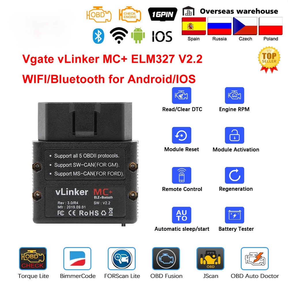 Vgate vLinker MC + ELM327 Bluetooth 4.0 OBD 2 OBD2 ELM 327 wifi Diagnóstico Do Carro Para Android/IOS Scanner Ferramenta
