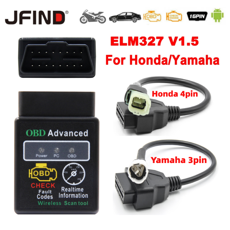 ELM327 V1.5 Motocicleta Bluetooth Para Android Honda Click 4pin Yamaha y15 3pin 16pin OBD2 Cabo ELM 327 Leitor De Código De Falha OBD 2 Car Scanner Ferramenta De Diagnóstico Automático