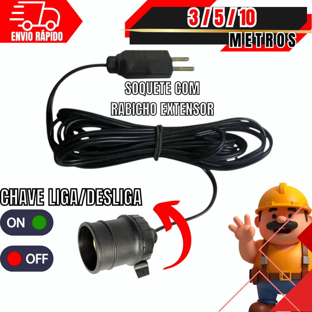 Soquete Com Rabicho Extensor Chave Botão Liga Desliga Bivolt 10A Para Tomada Lâmpada 3 /5/ 10 METROS