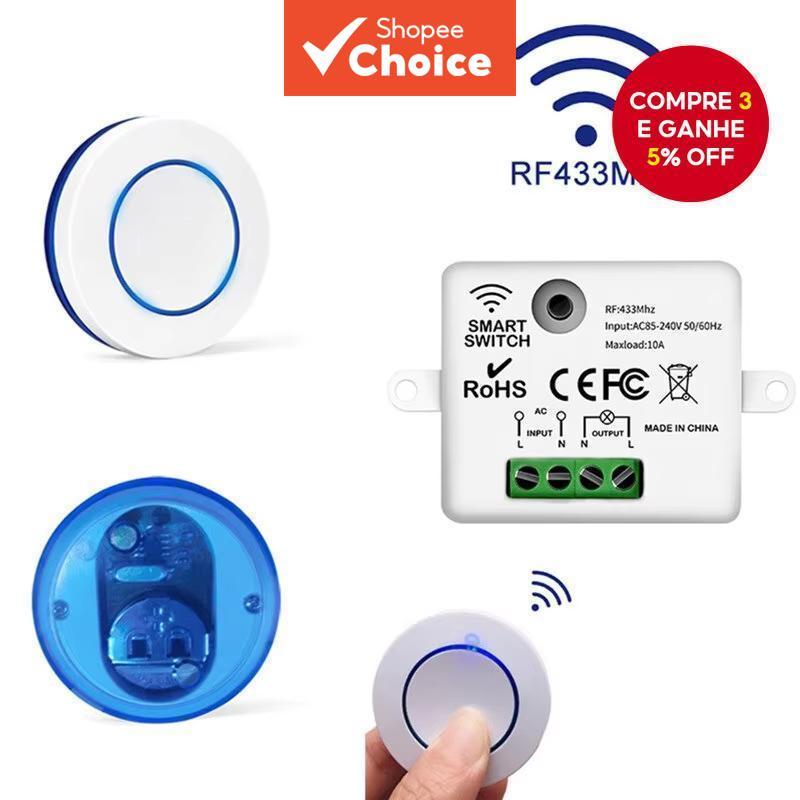 Interruptor de Luz Sem Fio 220V 110V 10A RF 433MHz Receptor de Relé Mini Painel de Parede com Botão Redondo para