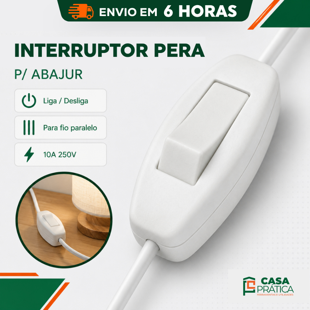 Interruptor Pera Abajur Meio Cordao Perlex 10A 250V Fio Paralelo Liga Desliga Luminaria Lampada Luz