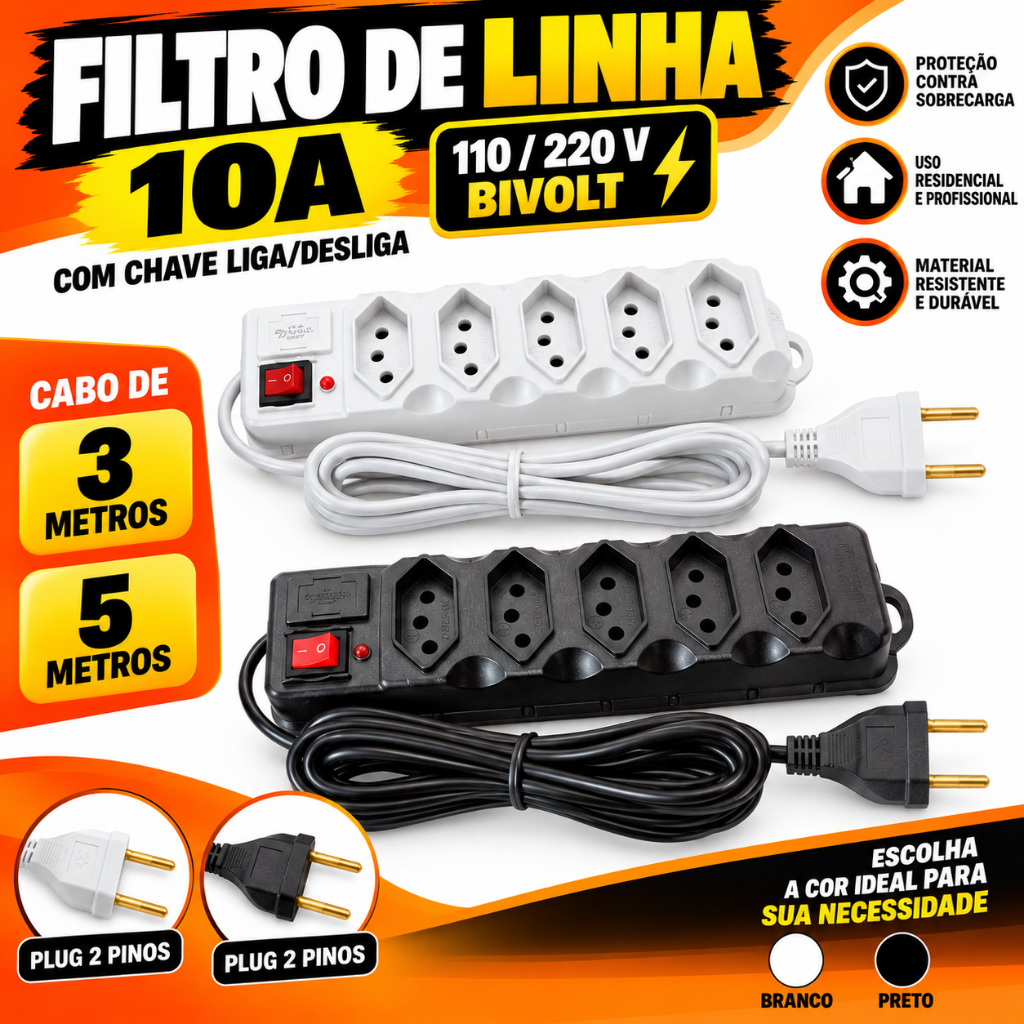 Filtro de Linha Régua 5 Tomadas Cabo 3 Metros e 5 Metros bivolt Fusível Chave E Led 10A