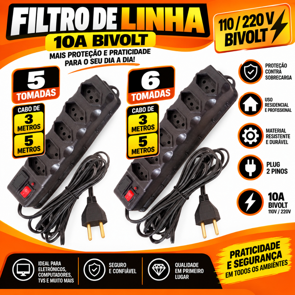 Filtro de Linha Régua 6 Tomadas Cabo 3 Metros e 5 Metros bivolt Fusível Chave E Led 10A