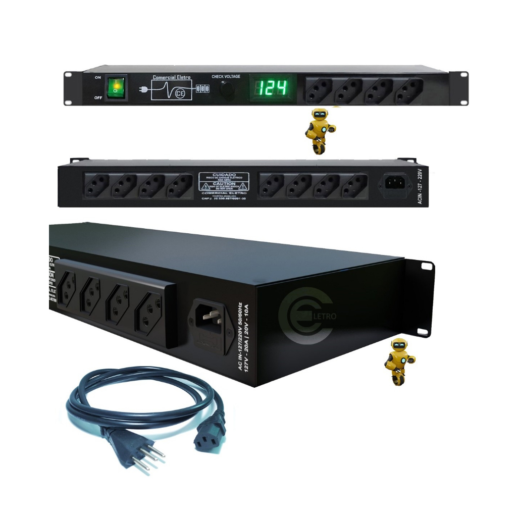 Regua de AC Tomadas 10A 12 Entradas Padrão Rack 19 Led Voltimetro Digital Com Check Voltagem 2500W