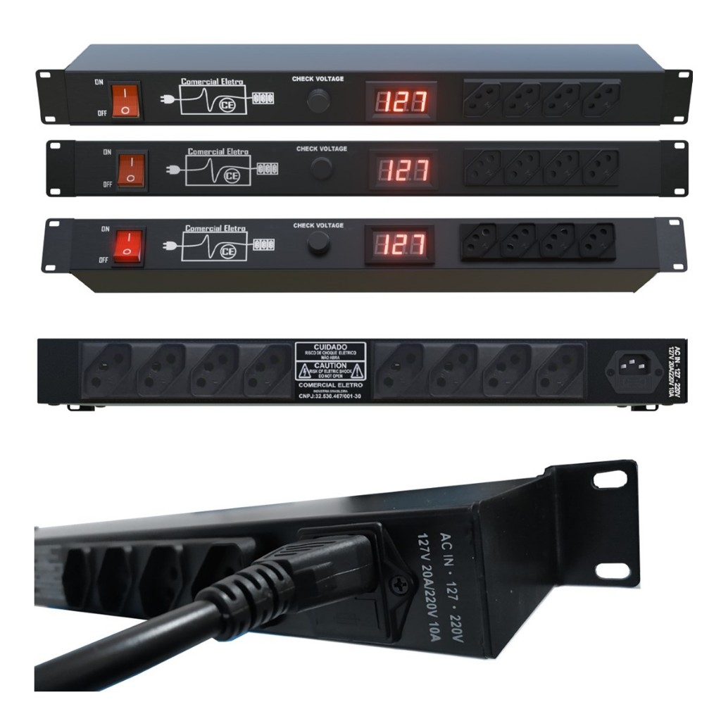 Regua de AC Profissional Tomadas Padrão Rack 12 Tomadas 10A 2500W Led Voltímetro Checkin Voltagem