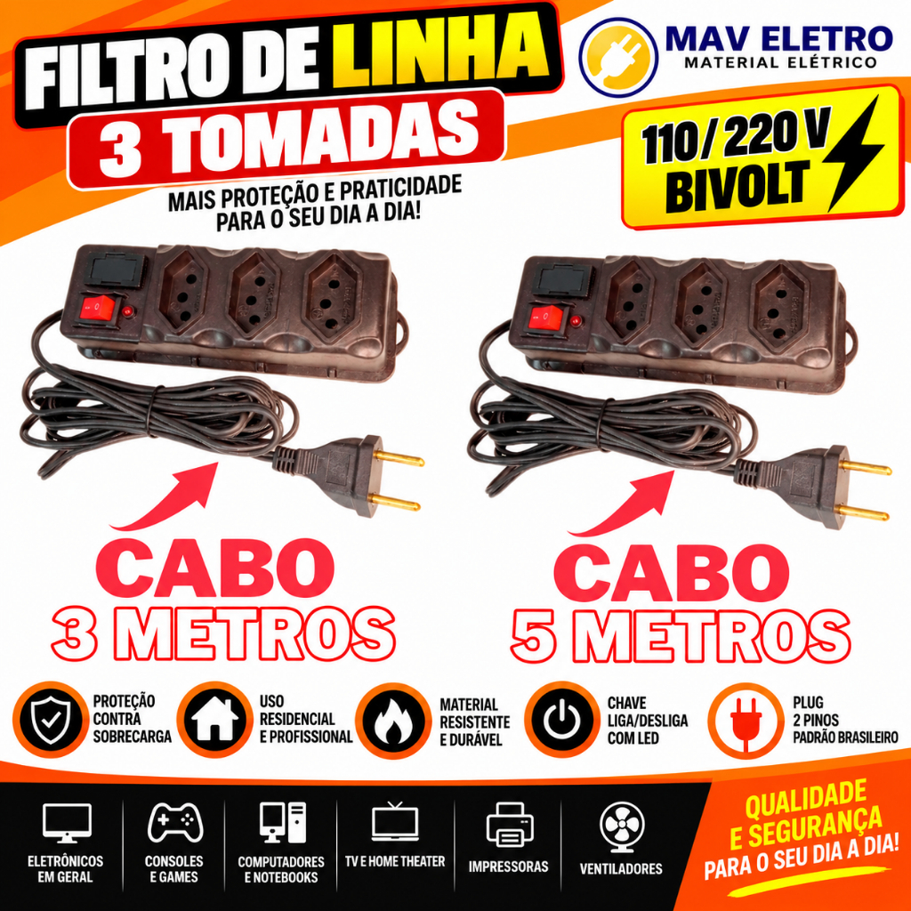 Filtro de Linha Régua 3 Tomadas Cabo 3 Metros e 5 Metros Fusível Chave E Led 10A Bivolt