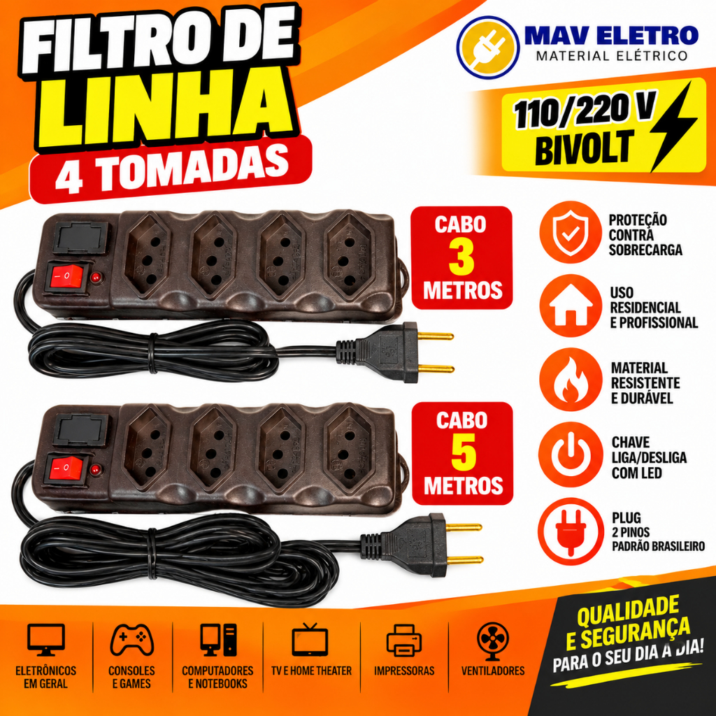 Filtro de Linha Régua 4 Tomadas Cabo 3 Metros e 5 Metros Fusível Chave E Led 10A Bivolt