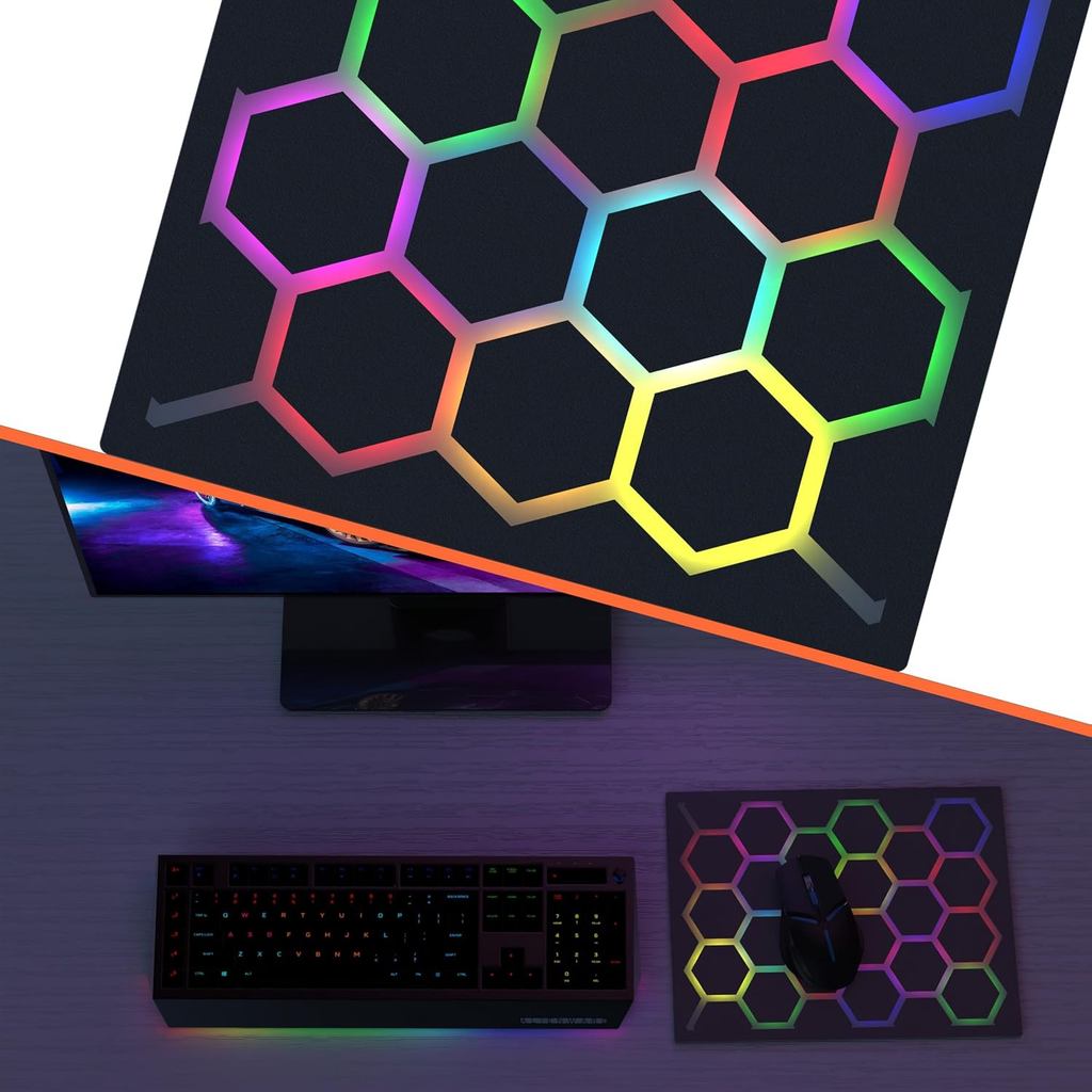 Gaming Mouse pad with Hexagonal Glowing Pattern, RGB LED Mouse pad, Multiple Lighting Modes, Supports PC Client Color Ad