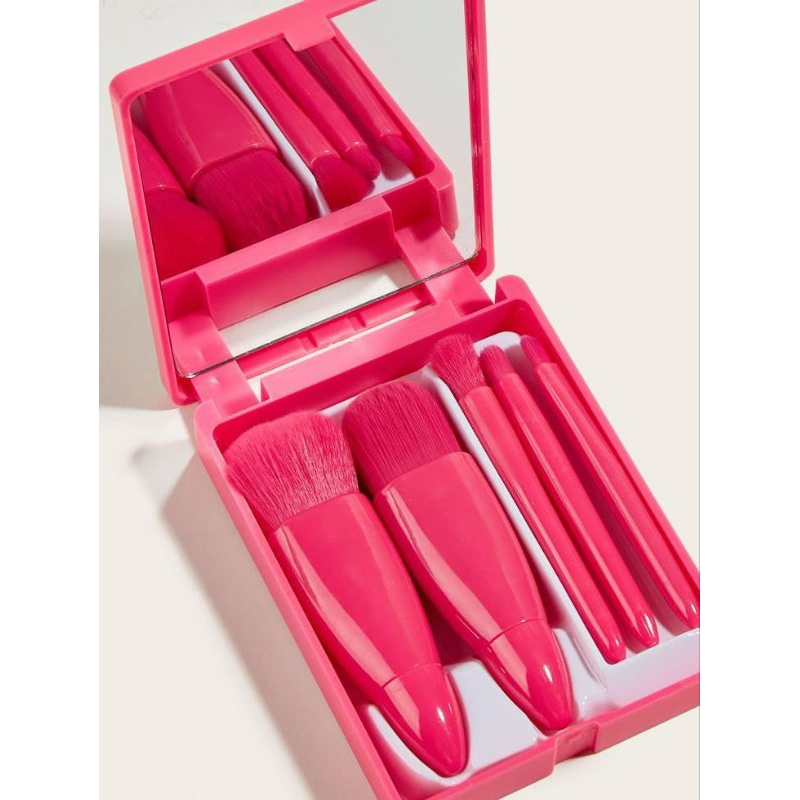 Kit Com 5 Pincéis Para Maquiagem Estojo Espelho Compacto De Bolsa