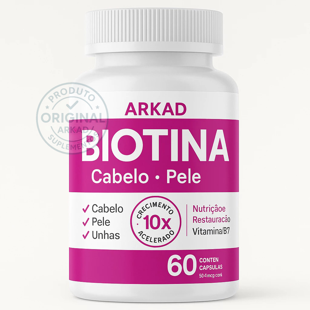 Biotina ARKAD 60 Cápsulas – Crescimento 10x Rápido | Cabelo, Pele e Unhas Fortes | 100% Vegano