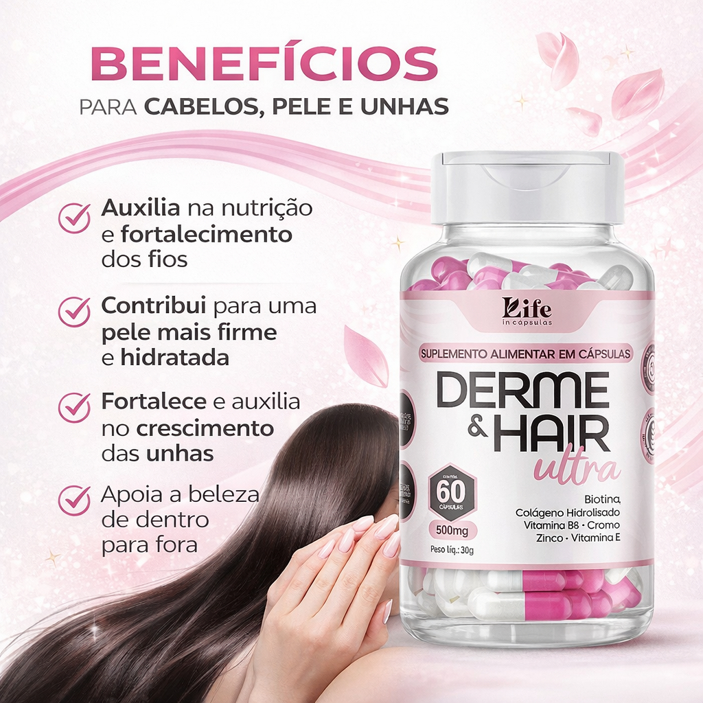 Derme & Hair Ultra 60 Cápsulas – Biotina, Colágeno e Vitaminas | Cabelos e Unhas Fortes Pele firme.
