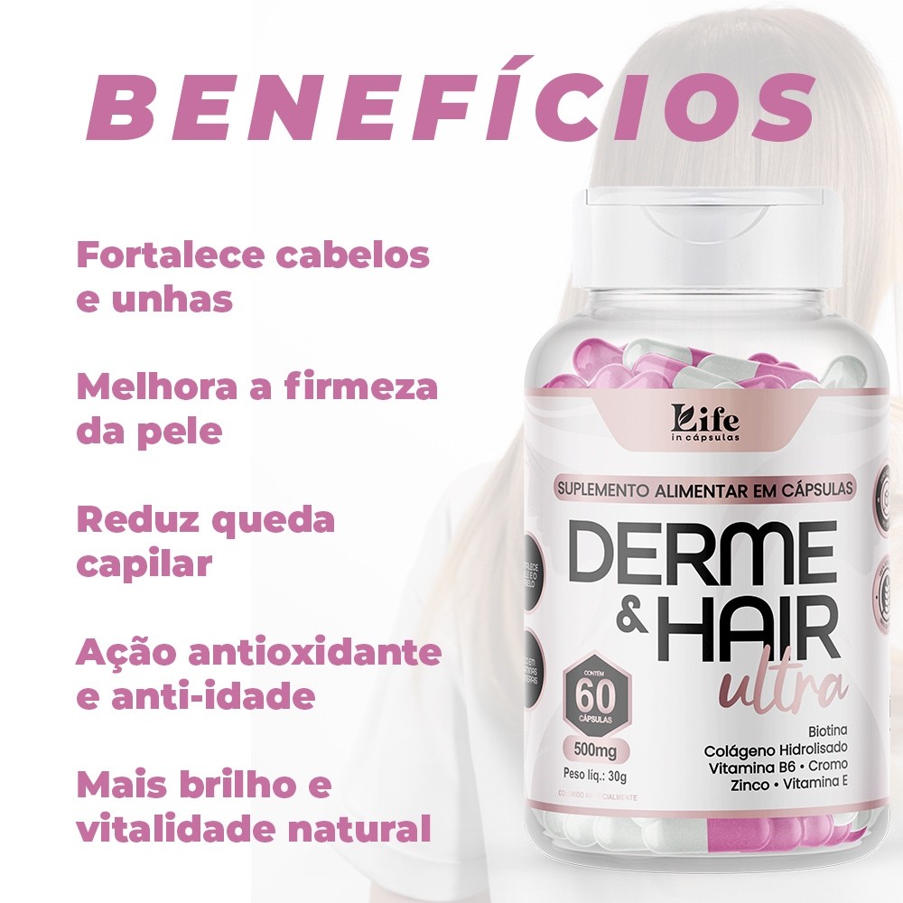 Derme & Hair Ultra 60 Cápsulas – Biotina, Colágeno e Vitaminas | Cabelos e Unhas Fortes Envio Rápido
