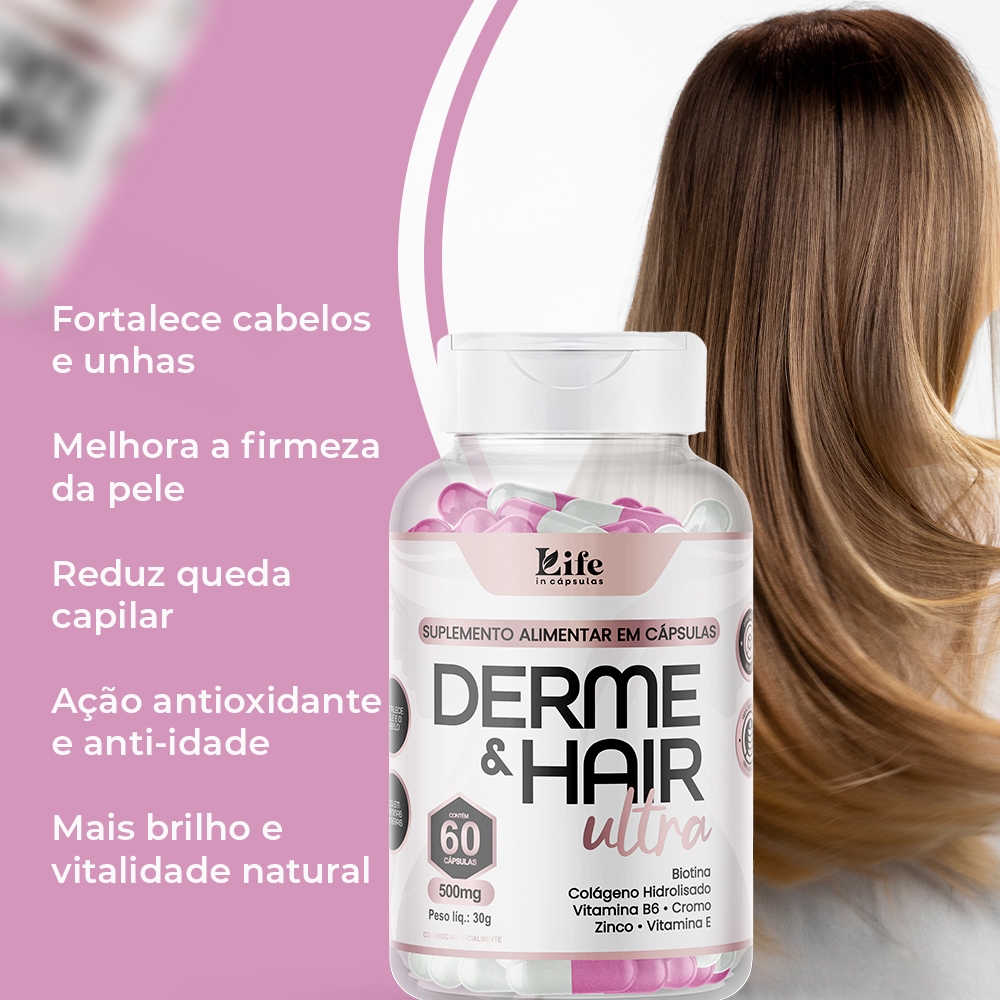 DERME & HAIR Biotina, Colágeno e Zinco 60 Cápsulas por Pote | Cabelos e Unhas Fortes Pele firme. Pronto Envio