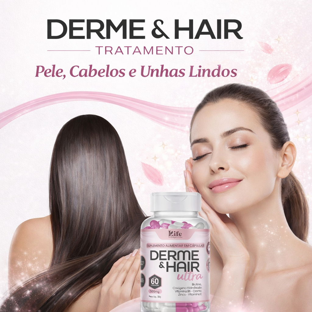Derme & Hair Ultra 60 Cápsulas – Biotina, Colágeno e Vitaminas | Cabelos e Unhas Fortes Pele firme.