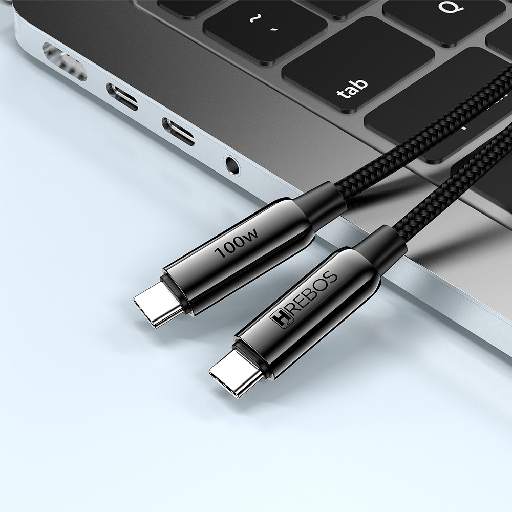 Cabo Hrebos CB-370C Dual Tipo-C 100W Reforçado, 3.1A, 2 Metros, Tecido Trançado para Celular e Notebook