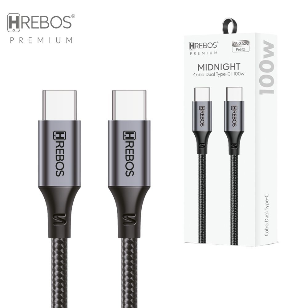 Cabo Hrebos CB-362C Dual Tipo-C 100W Reforçado, 3.1A, 1 Metro, Tecido Trançado para Celular e Notebook