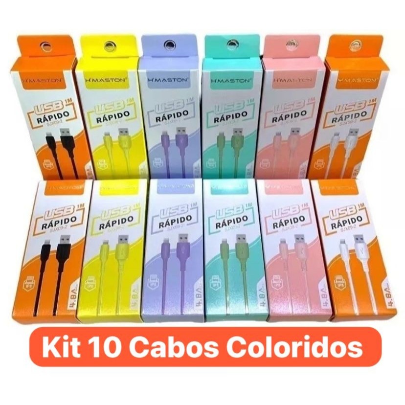 KiT 10 Cabos USB Tipo C iPhone V8 Coloridos H´maston 4.8A 1Metro