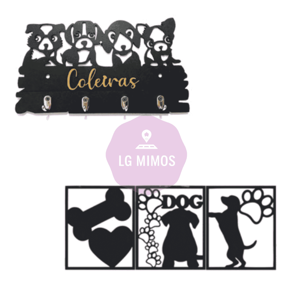 Kit Porta Coleiras Pets + Quadro Trio Cachorro Pendurar Decoração Preto