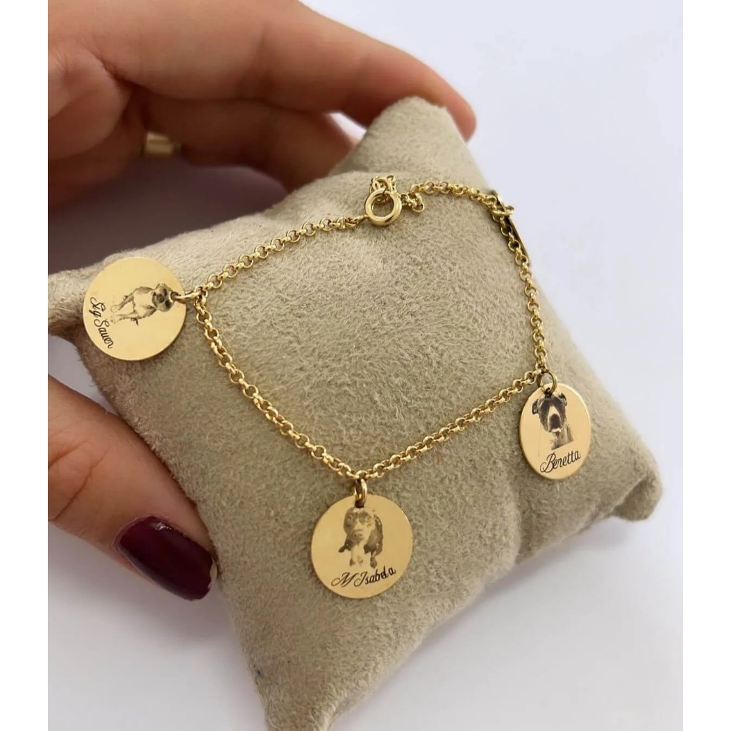 Pulseira Medalhas Penduradas Cachorros Banho de Ouro Pet