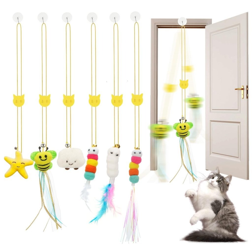 Pendurado porta estilo auto-feliz gato provocando vara gato brinquedo balanço pendurado corda elástica pena sino