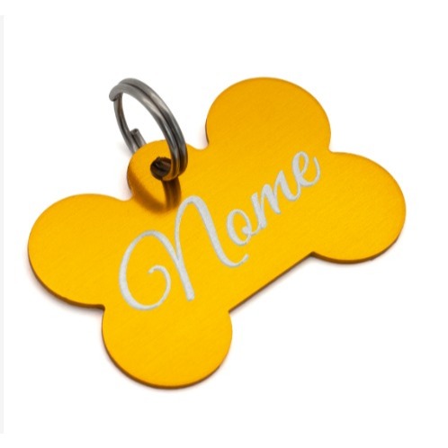 Placa pet ossinho de aço inox  personalizada gravada pendurada com nome e telefone  a laser para cachorro e gato