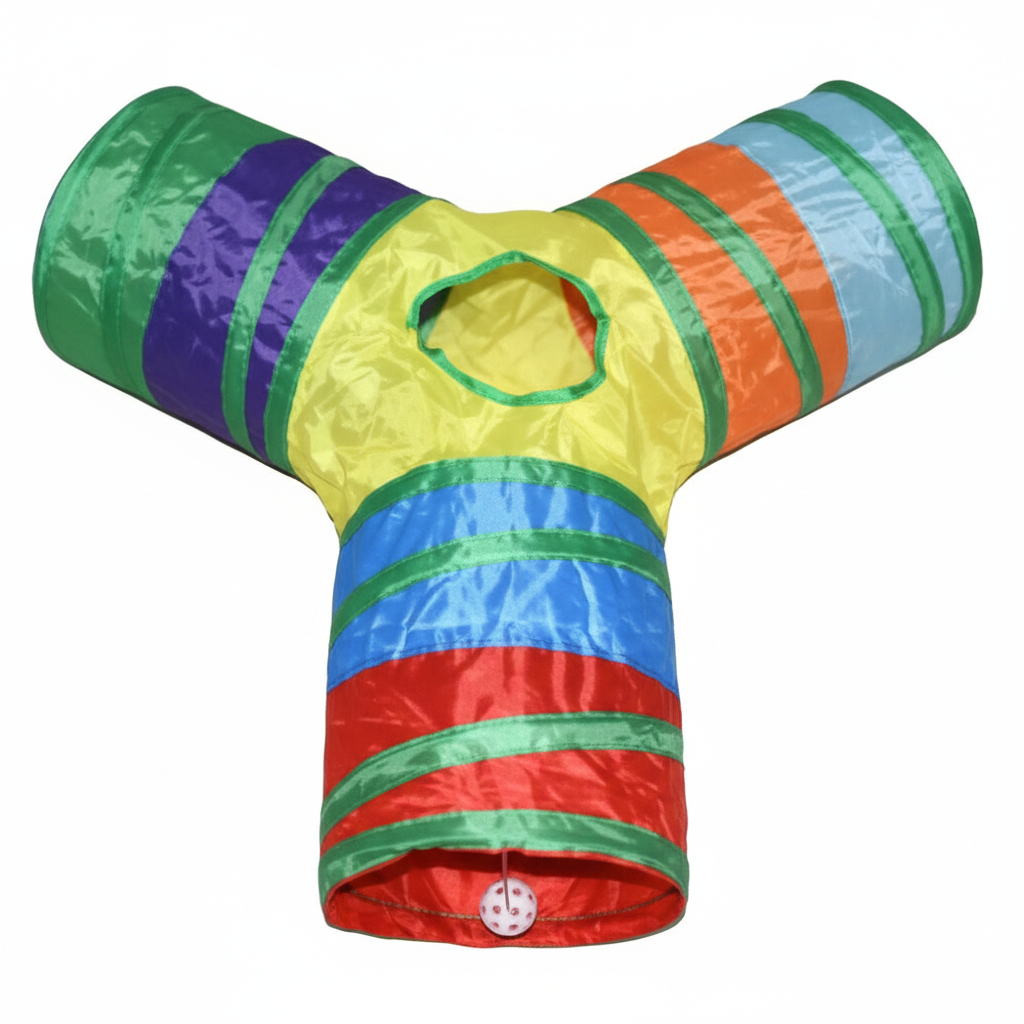 Túnel Colorido em Y Para Gatos Brinquedo Interativo com 3 Entradas Bolinha Pendurada