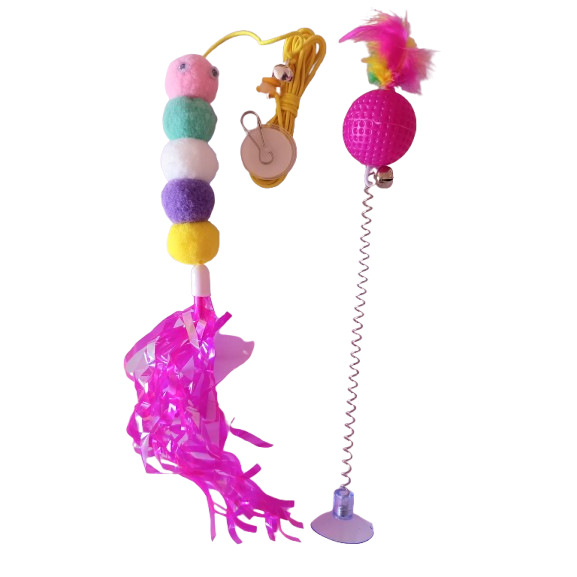 Brinquedo de pendurar para gato (minhoca de bolinhas) + brinquedo de ventosa para gato (bola)