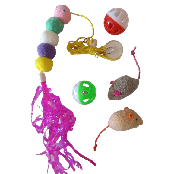 Brinquedos de gato - minhoca com fitas para pendurar + 2 bolinhas com guizo + 2 ratinhos de pelúcia
