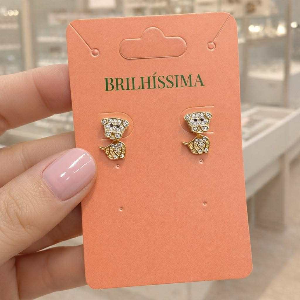 brinco pet cachorro cravejado semijoia banhado ouro dourado strass adulto infantil