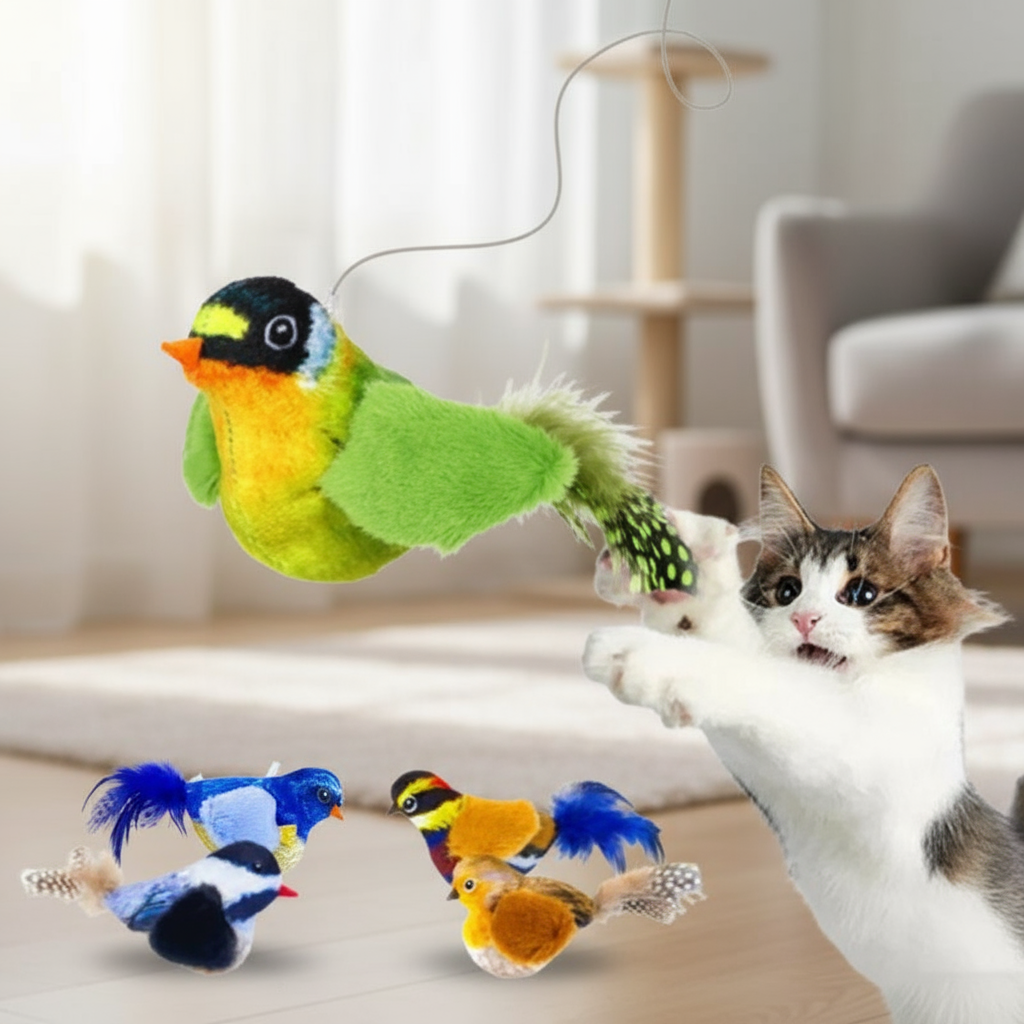Brinquedo de Pelúcia para Gato Interativo com Som Pendurado Pássaro para Gatos de Interior para Perseguição e Diversão