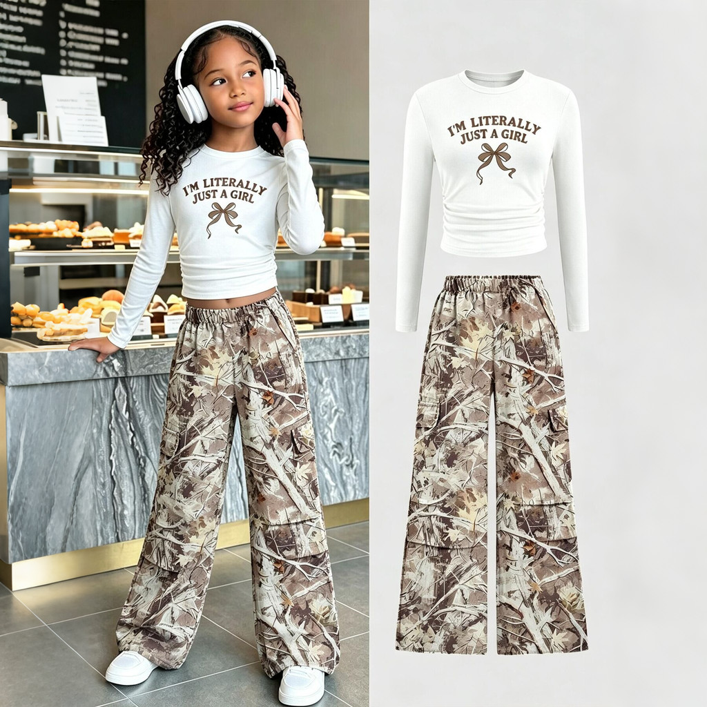 WFRV Legal Meninas Branco Manga Longa Camiseta Com Impressão Camo Calças De Perna Larga Conjunto Na Moda Streetwear Outf