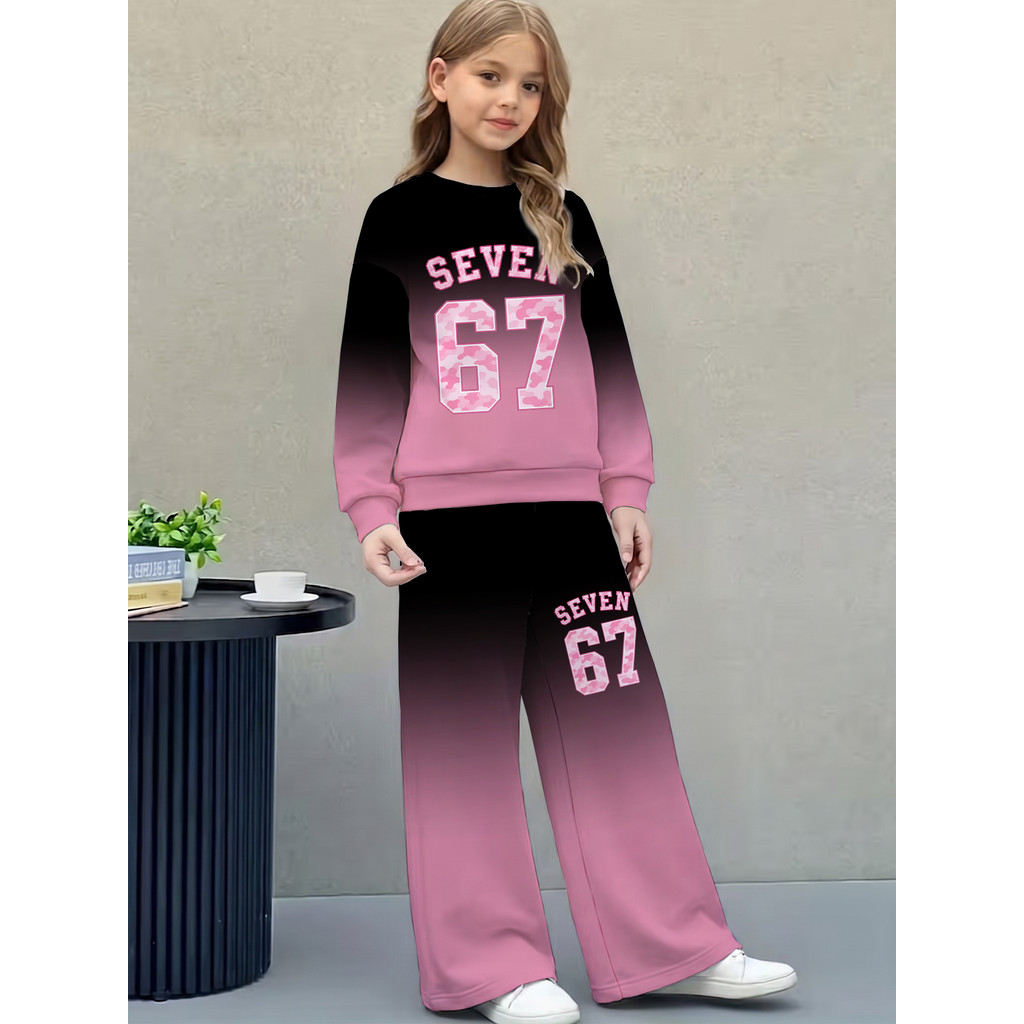 Meninas Preto-Rosa Gradiente Sete 67 Camo Número Impressão Agasalho De 2 Peças , Moletom De Manga Comprida Com Gola Redo