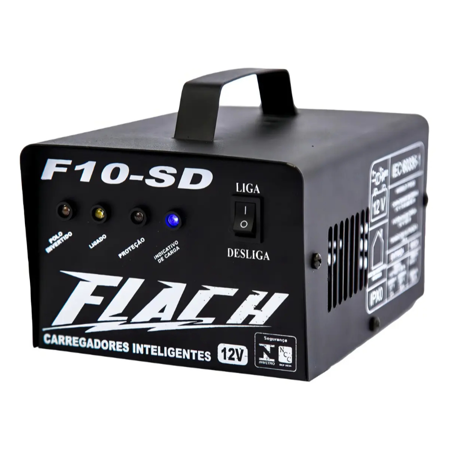 CARREGADOR DE BATERIA INTELIGENTE AUTOMOTIVO FLACH F10-SD 10Ah 10A PICO BIVOLT AUTOMATICO AUX DE PARTIDA 12V