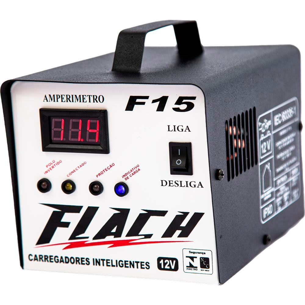 CARREGADOR DE BATERIA INTELIGENTE AUTOMOTIVO FLACH F15 15Ah 15A PICO AUX DE PARTIDA AUTOMATICO 12V