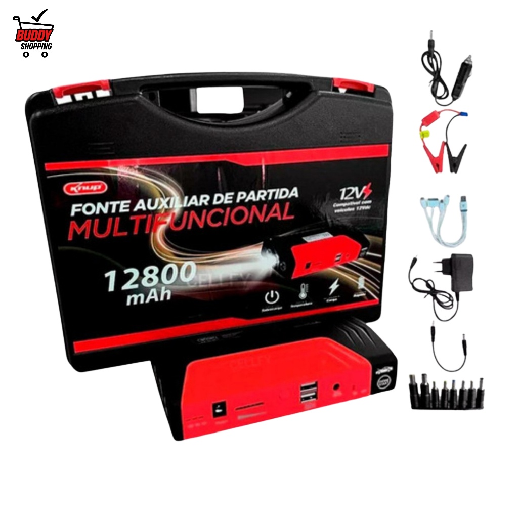 Auxiliar De Partida Multifuncional Knup 12V Com Compressor Ar Powerbank Maleta KP-TC07A+